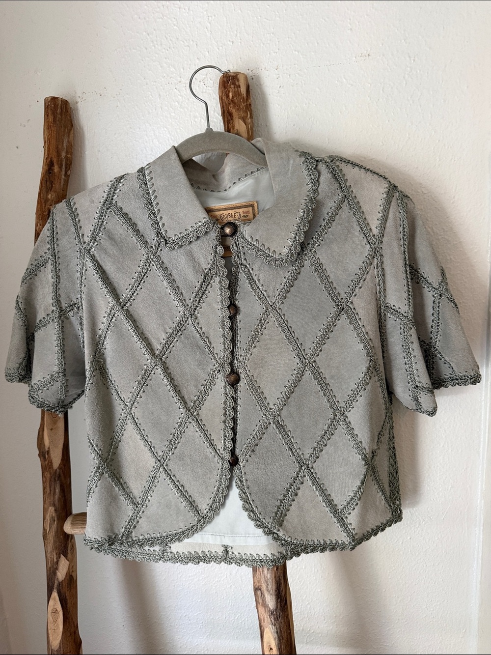 Double D Ranch Light Gray Blue Suede Patchwork Crochet Short Sleeve Jacket Top S
